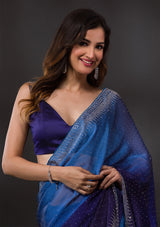 Women's Ombre Navy Blue Stonework Satin Designer Saree