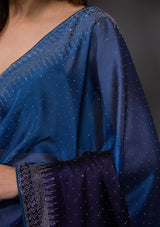 Women's Ombre Navy Blue Stonework Satin Designer Saree