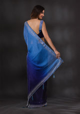 Women's Ombre Navy Blue Stonework Satin Designer Saree