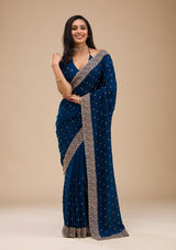 Women's Navy Blue Zariwork Soft Silk Saree
