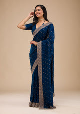 Women's Navy Blue Zariwork Soft Silk Saree