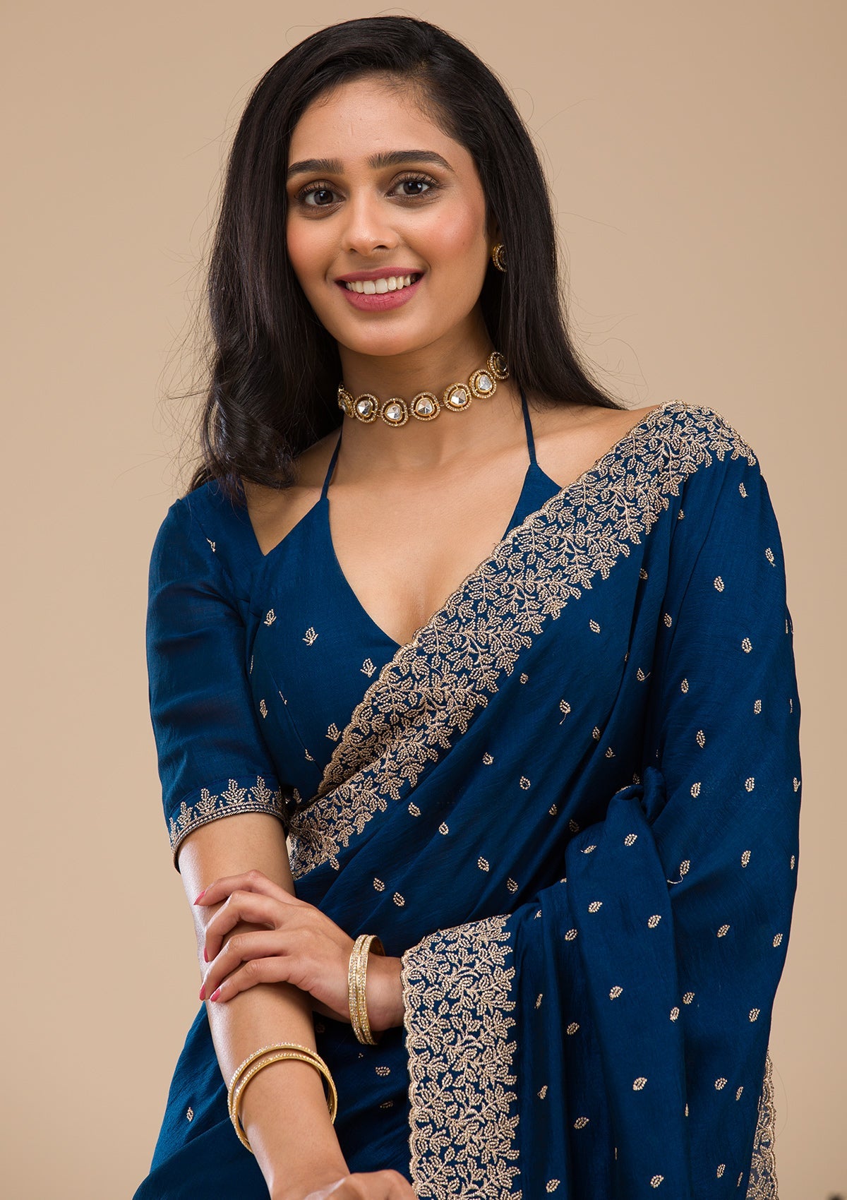 Women's Navy Blue Zariwork Soft Silk Saree