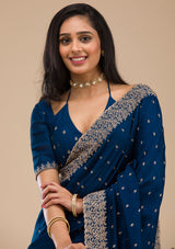 Women's Navy Blue Zariwork Soft Silk Saree