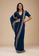 Women's Navy Blue Zariwork Soft Silk Saree