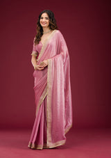 Women's Onion Pink Threadwork Tissue Saree