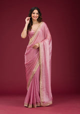 Women's Onion Pink Threadwork Tissue Saree