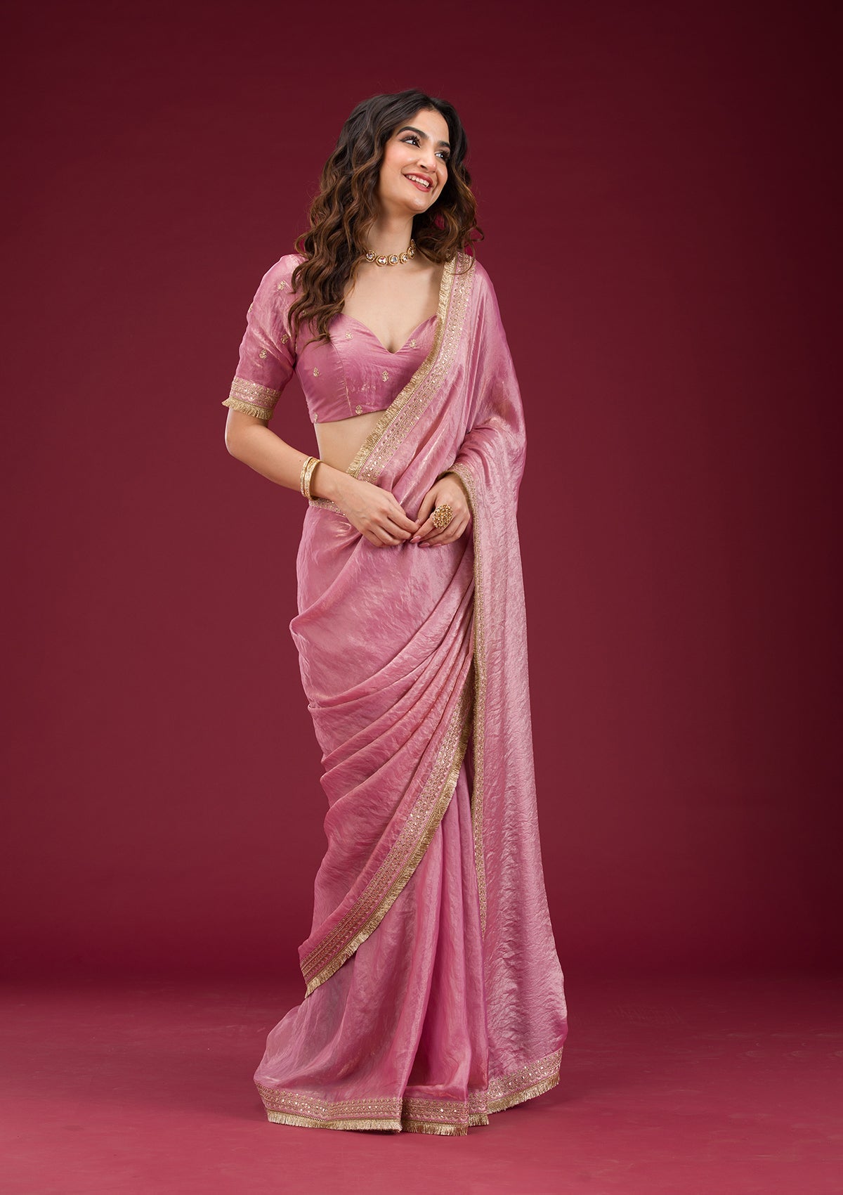 Women's Onion Pink Threadwork Tissue Saree