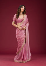 Women's Onion Pink Threadwork Tissue Saree