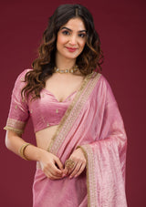 Women's Onion Pink Threadwork Tissue Saree