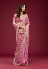 Women's Onion Pink Threadwork Tissue Saree