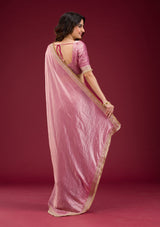 Women's Onion Pink Threadwork Tissue Saree
