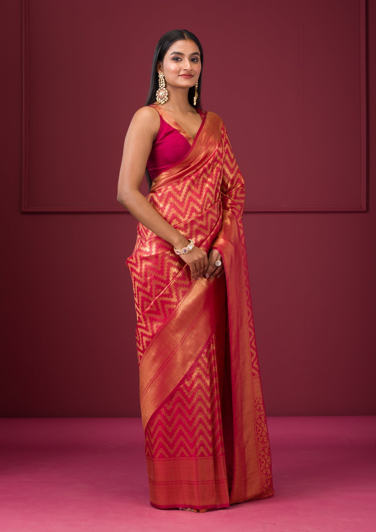 Women's Onion Pink Zariwork Soft Silk Saree