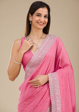 Women's Onion Pink Zariwork Soft Silk Saree