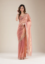 Women's Onion Pink Zariwork Tissue Saree