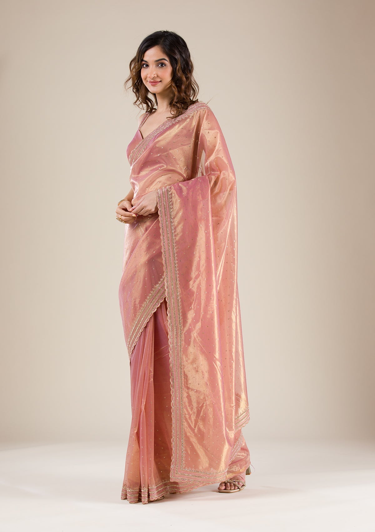 Women's Onion Pink Zariwork Tissue Saree