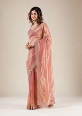 Women's Onion Pink Zariwork Tissue Saree