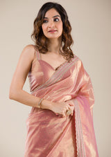 Women's Onion Pink Zariwork Tissue Saree