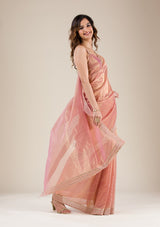 Women's Onion Pink Zariwork Tissue Saree