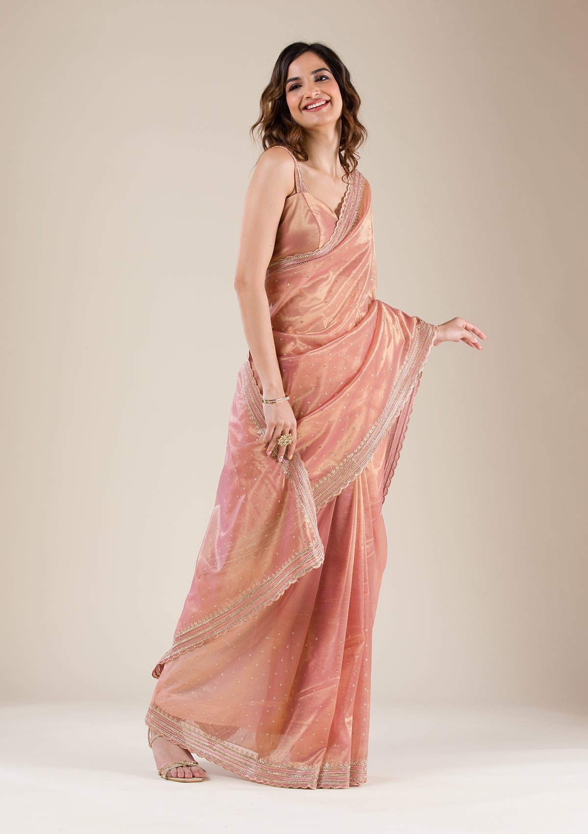 Women's Onion Pink Zariwork Tissue Saree