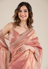 Women's Onion Pink Zariwork Tissue Saree