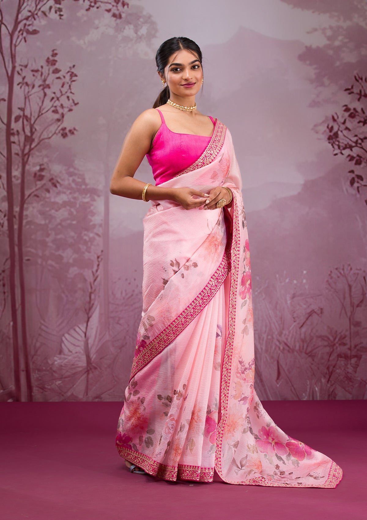 Women's Pink Printed Georgette Saree