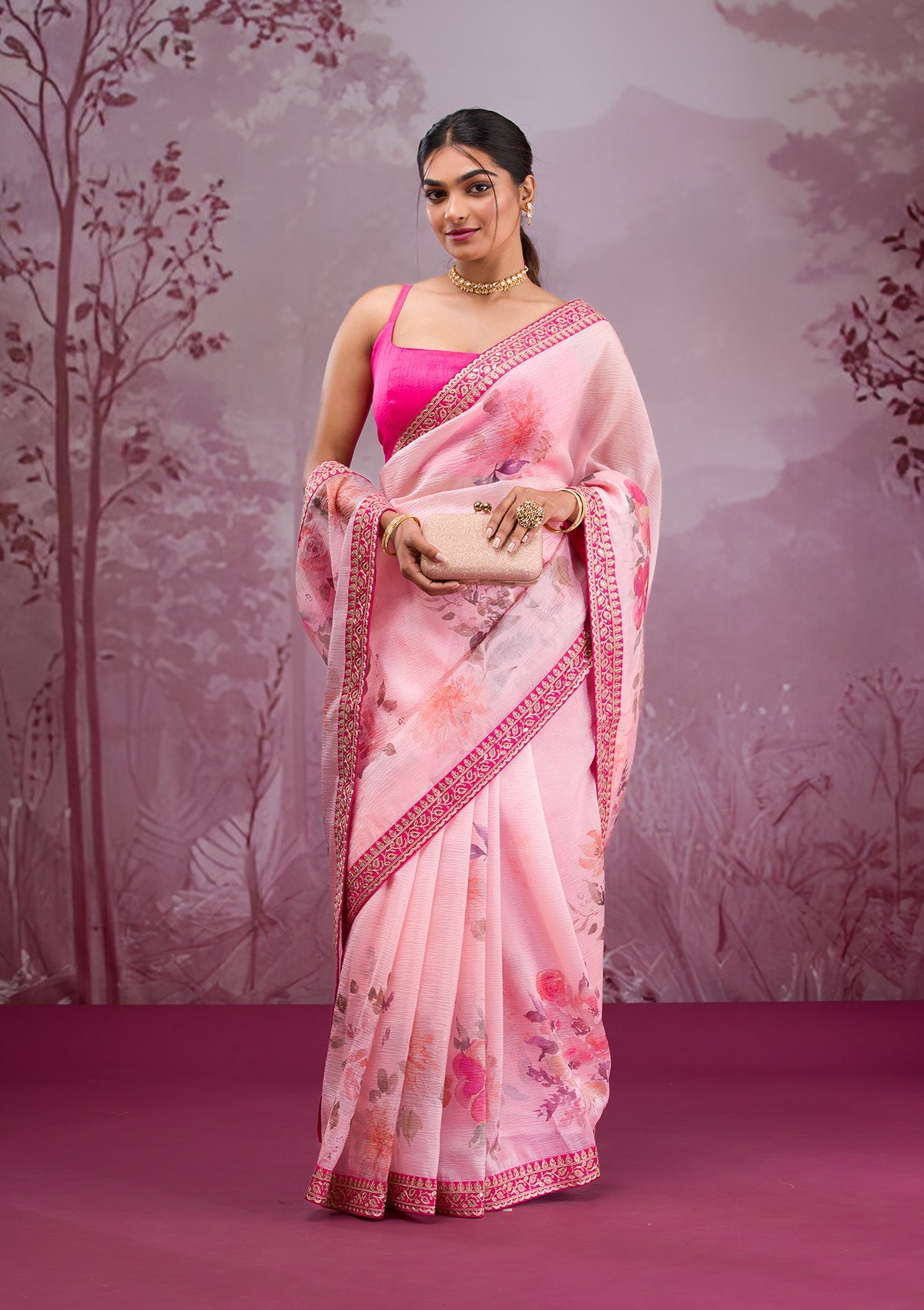 Women's Pink Printed Georgette Saree