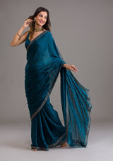 Women's Peacock Blue Swarovski Semi Crepe Designer Saree