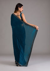 Women's Peacock Blue Swarovski Semi Crepe Designer Saree