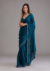 Women's Peacock Blue Swarovski Semi Crepe Designer Saree