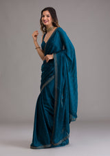Women's Peacock Blue Swarovski Semi Crepe Designer Saree