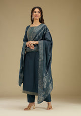 Women's Peacock Blue Zariwork Semi Crepe Readymade Salwar Suit