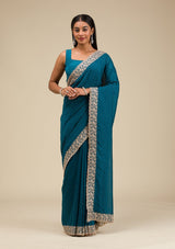 Women's Peacock Blue Threadwork Soft Silk Saree