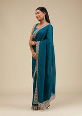 Women's Peacock Blue Threadwork Soft Silk Saree