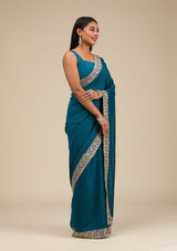 Women's Peacock Blue Threadwork Soft Silk Saree