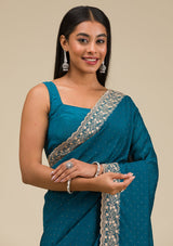 Women's Peacock Blue Threadwork Soft Silk Saree