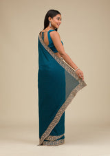 Women's Peacock Blue Threadwork Soft Silk Saree