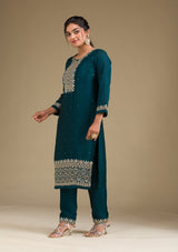 Women's Peacock Green Zariwork Art Silk Readymade Salwar Suit