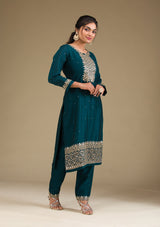 Women's Peacock Green Zariwork Art Silk Readymade Salwar Suit