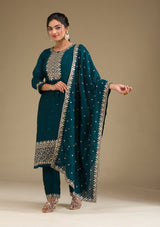 Women's Peacock Green Zariwork Art Silk Readymade Salwar Suit