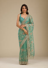 Women's Sea Green Zariwork Tissue Saree