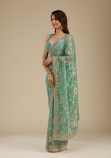 Women's Sea Green Zariwork Tissue Saree