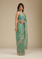 Women's Sea Green Zariwork Tissue Saree