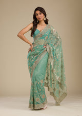 Women's Sea Green Zariwork Tissue Saree