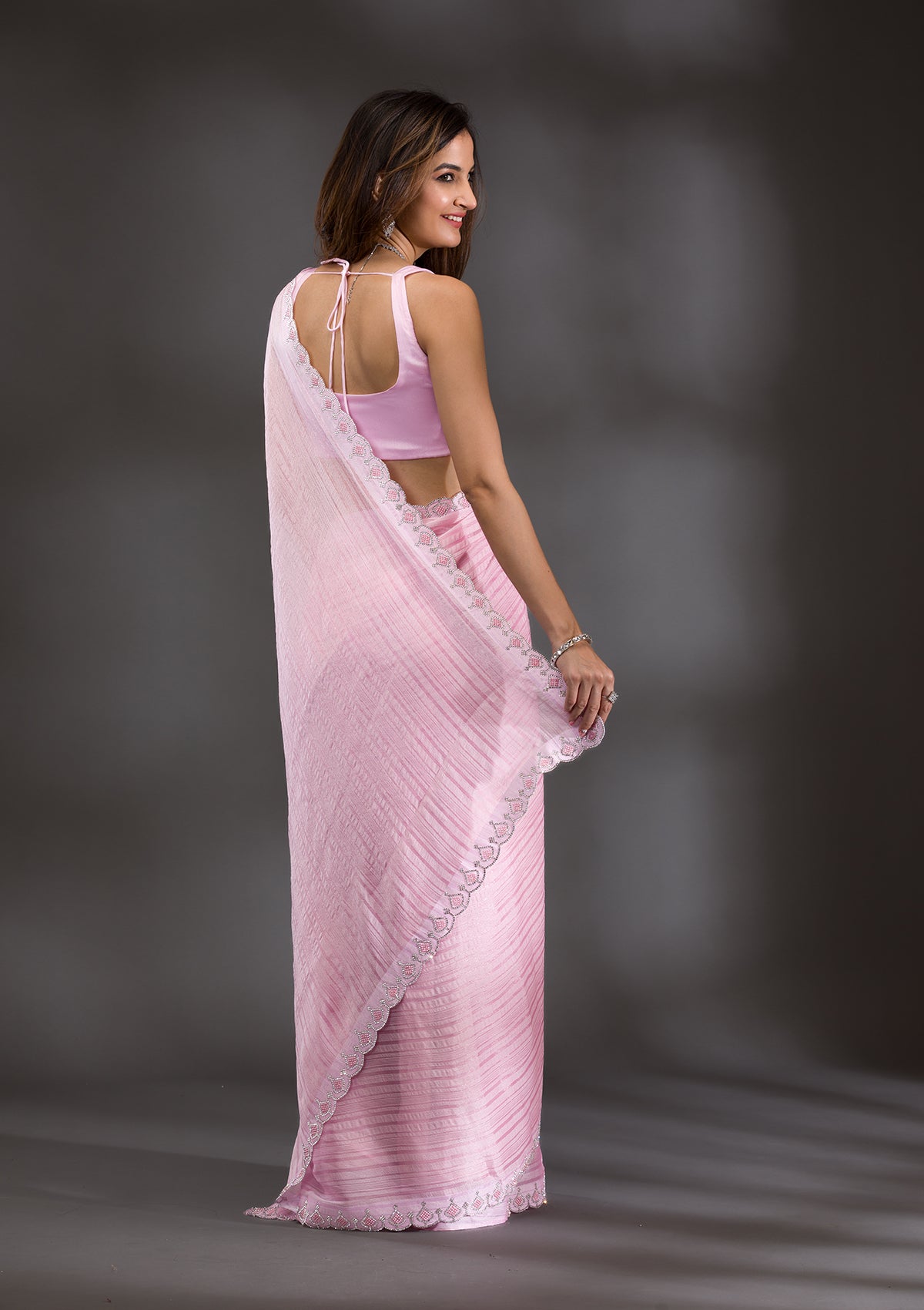 Women's Pink Swarovski Georgette Saree
