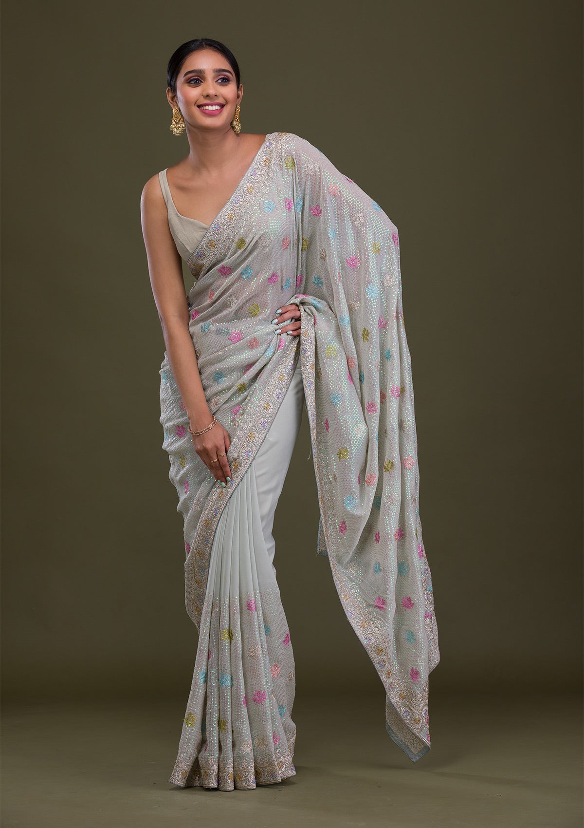 Women's Pista Green Sequins Georgette Saree