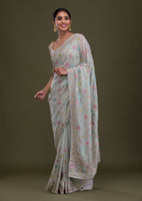 Women's Pista Green Sequins Georgette Saree