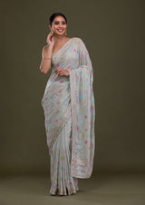 Women's Pista Green Sequins Georgette Saree