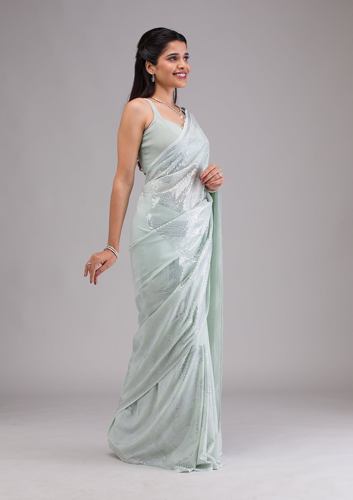Women's Pista Green Sequins Georgette Saree