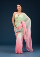Women's Pista Green Stonework Tissue Saree