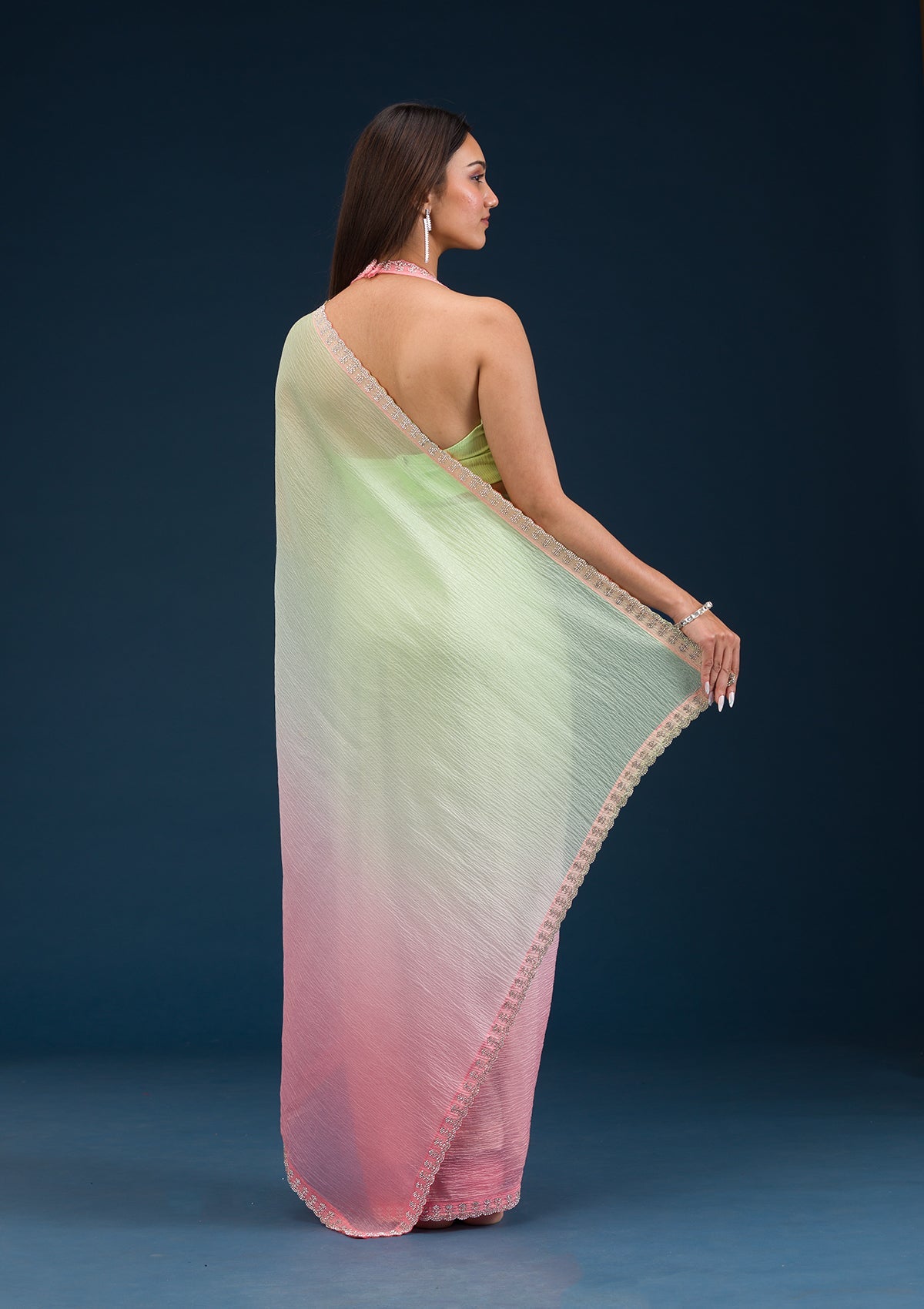 Women's Pista Green Stonework Tissue Saree